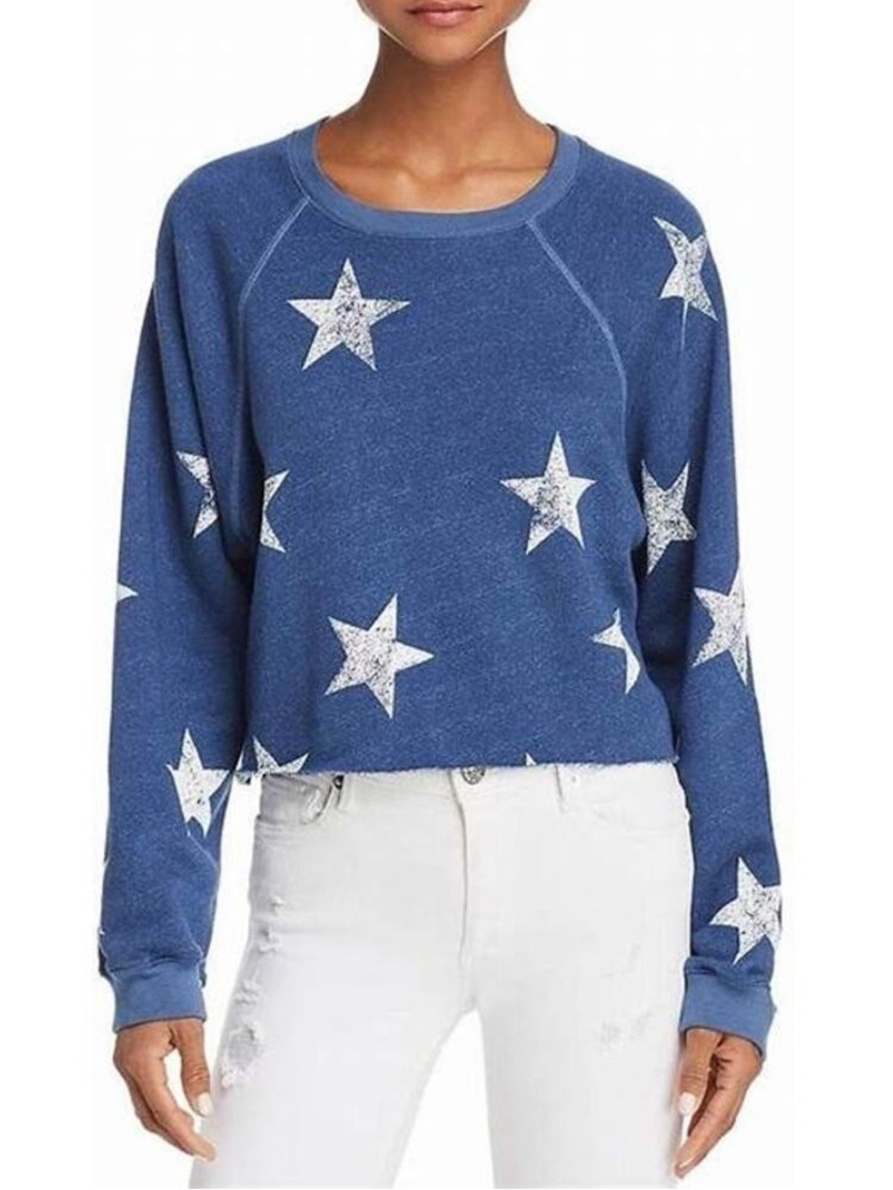 Monrow Blue Star Raglan Cropped Pullover Sweatshirt Size Large
